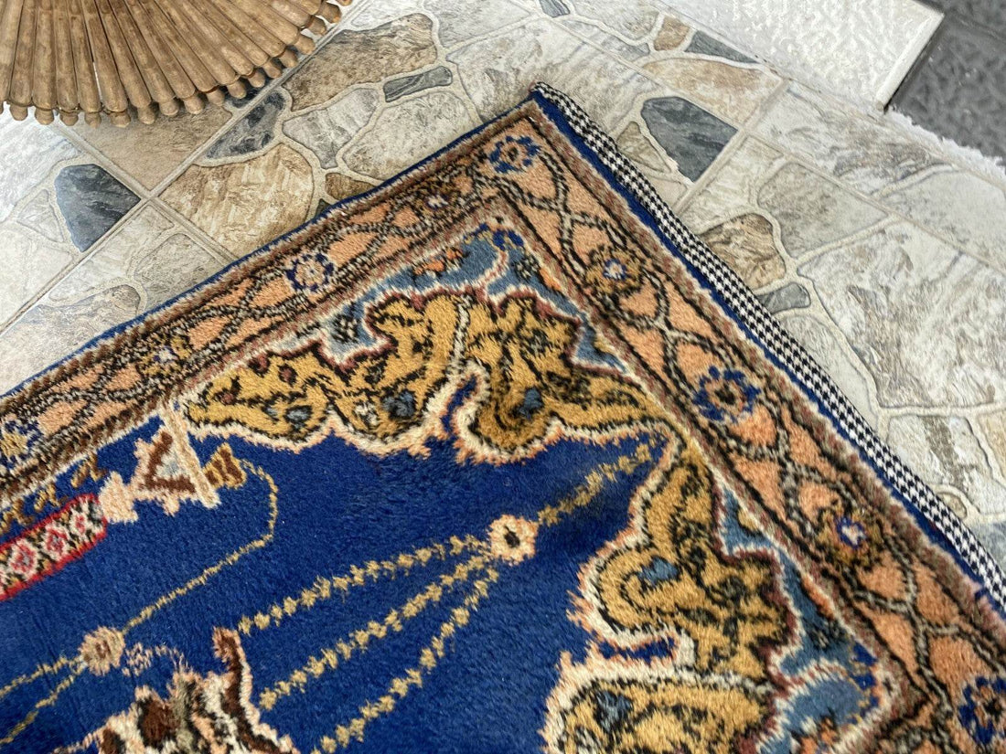 Blue Turkish Prayer Vintage Rug, 1990s Handmade Wool Geometric Farmhouse Small
