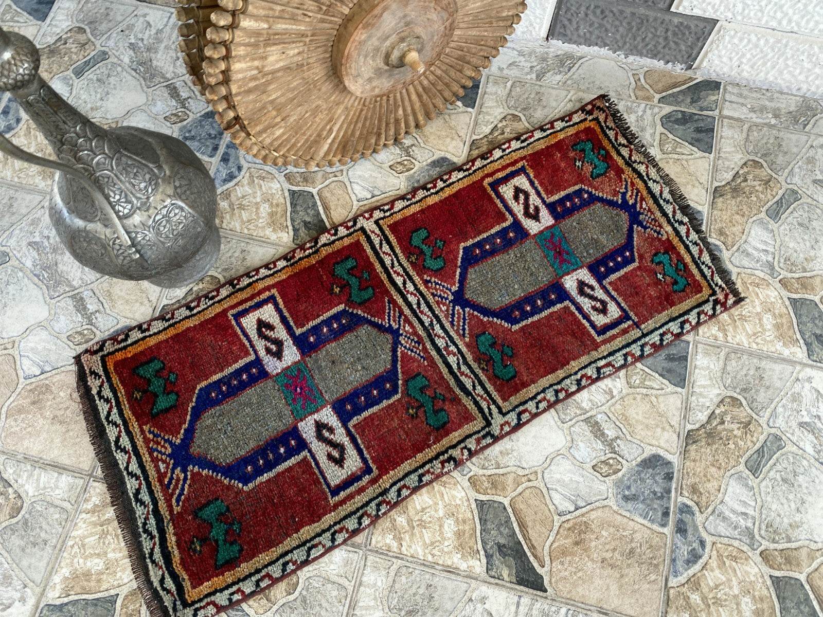 Vintage Turkish Tribal Rug | 1.6 x 3.4 ft | Handmade Wool Anatolian Small Carpet