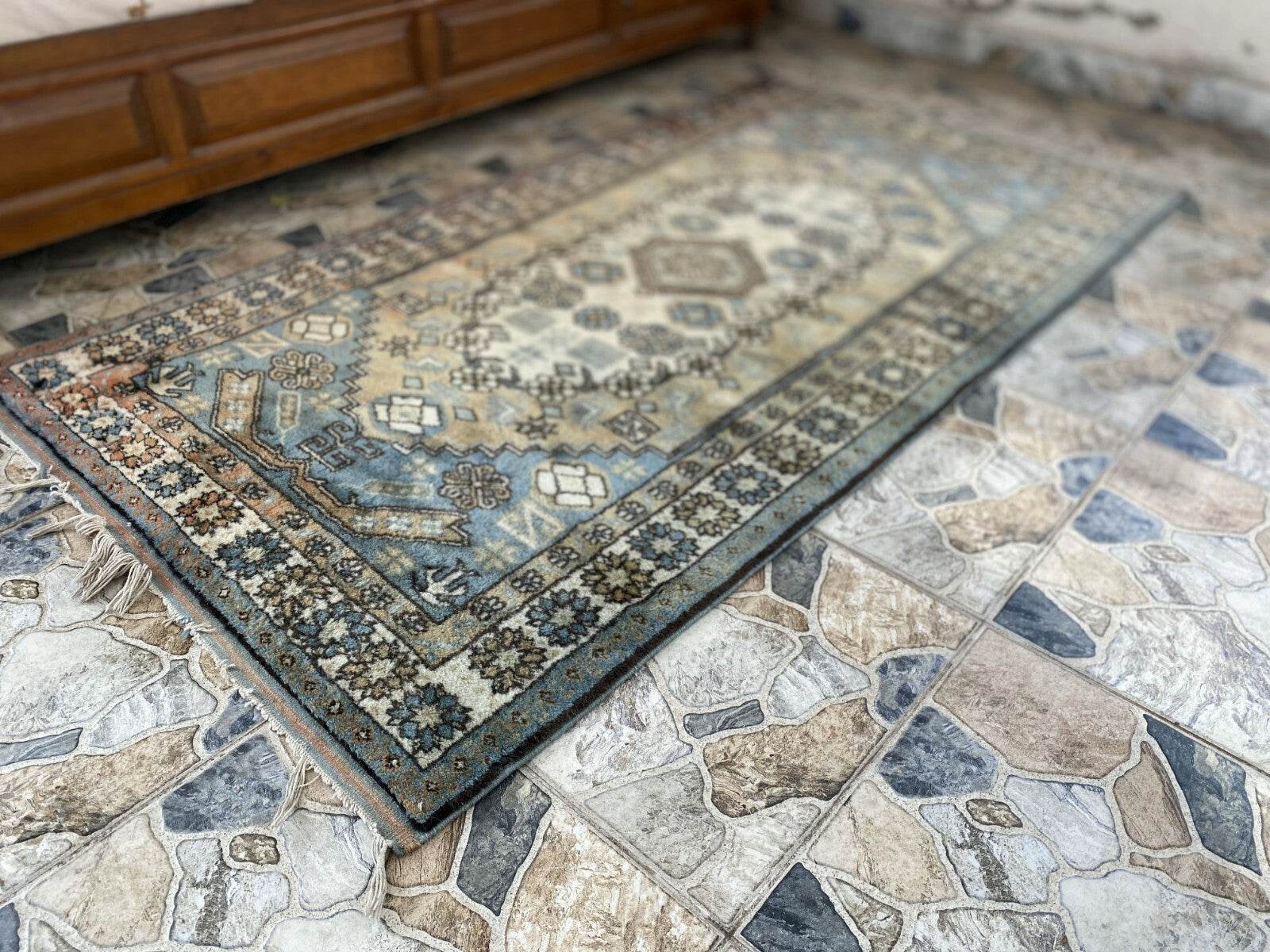 Vintage 1990s Turkish Oushak Rug | Geometric Handwoven Wool Carpet 3'5'' x 6'3''