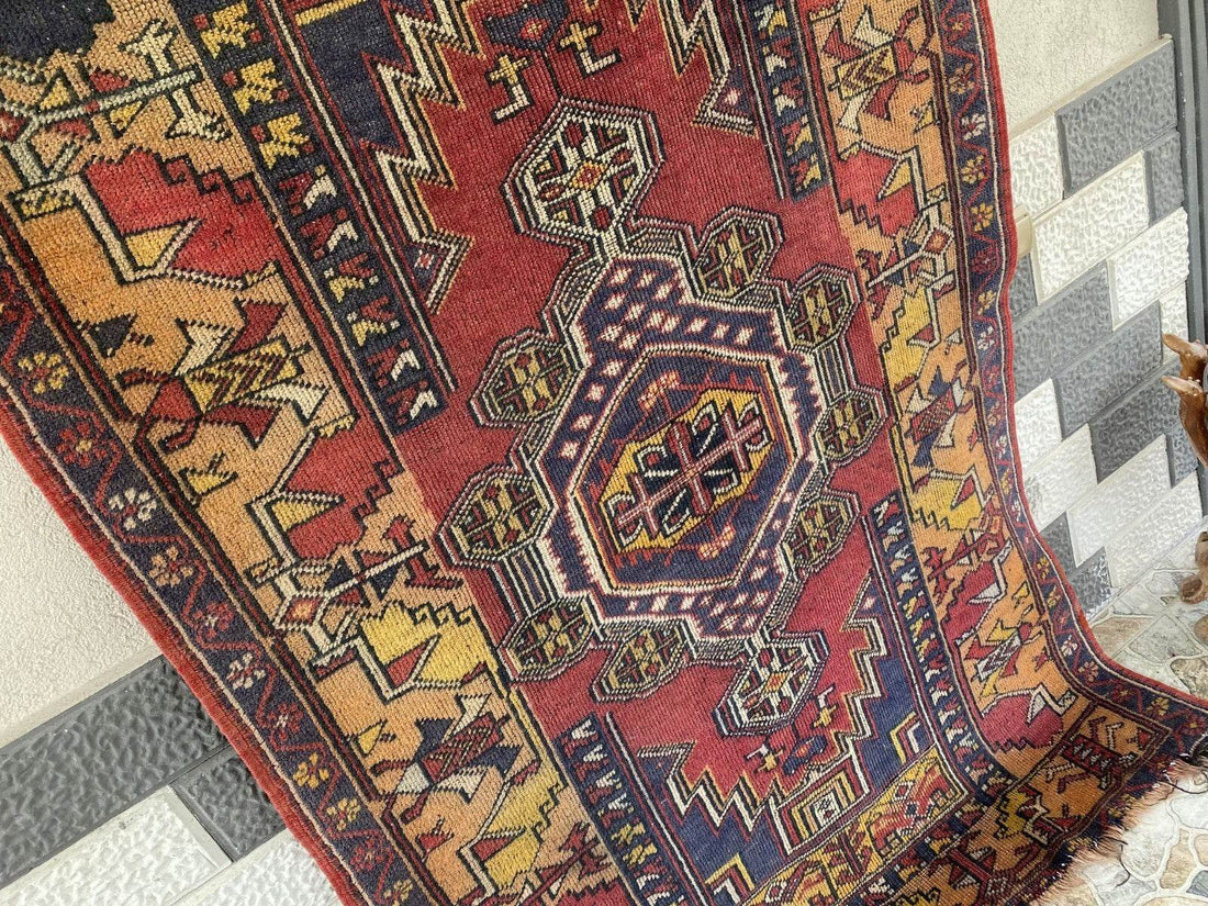 Vintage Turkish Anatolian Rug | 4 x 6.6 ft | Handknotted Geometric Wool Carpet
