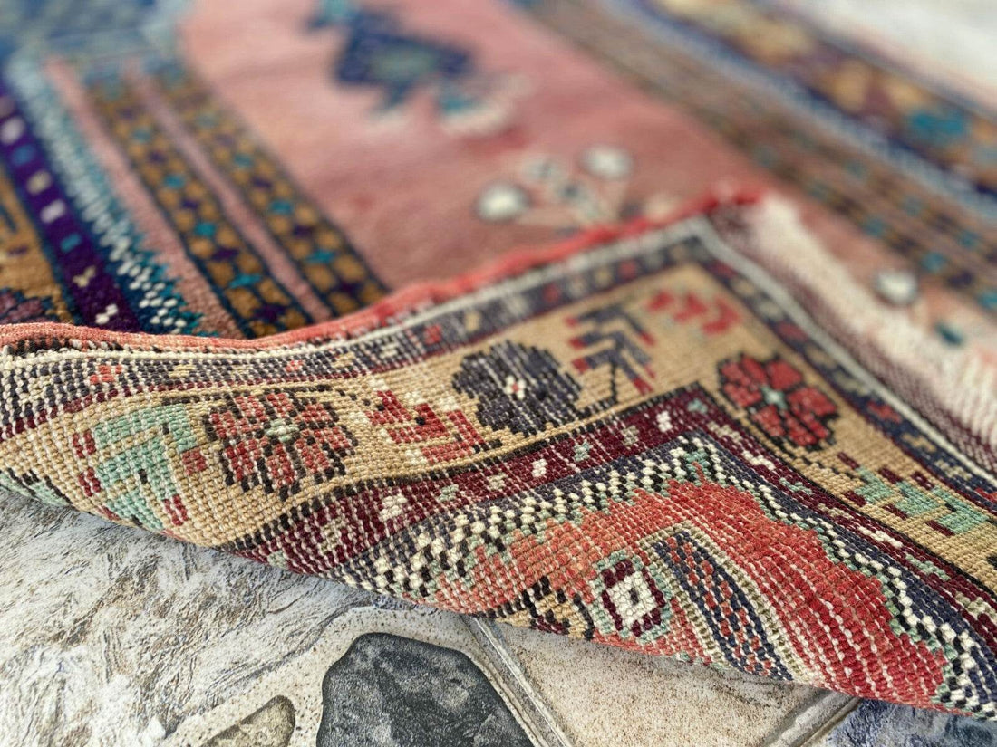 Vintage Turkish Oushak Rug, 2 x 3 ft Pink Handmade Wool Antique Tribal Small Rug