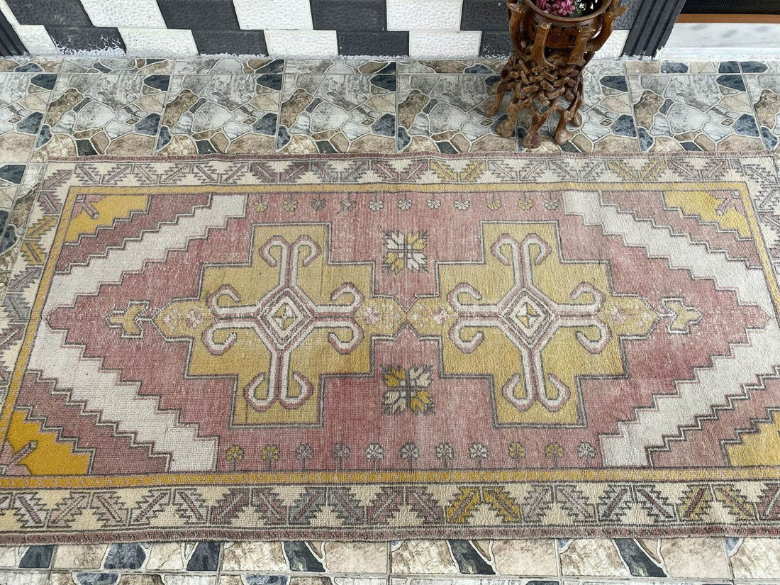 Vintage Turkish Oushak Rug, 4 x 8 ft Handmade Pink Wool Antique Tribal Area Rug