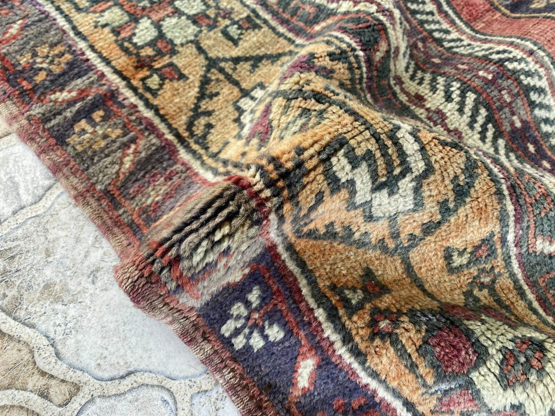 Vintage Turkish Wool Rug, Hand-Knotted Antique Geometric Oushak Area Rug 4x8 ft