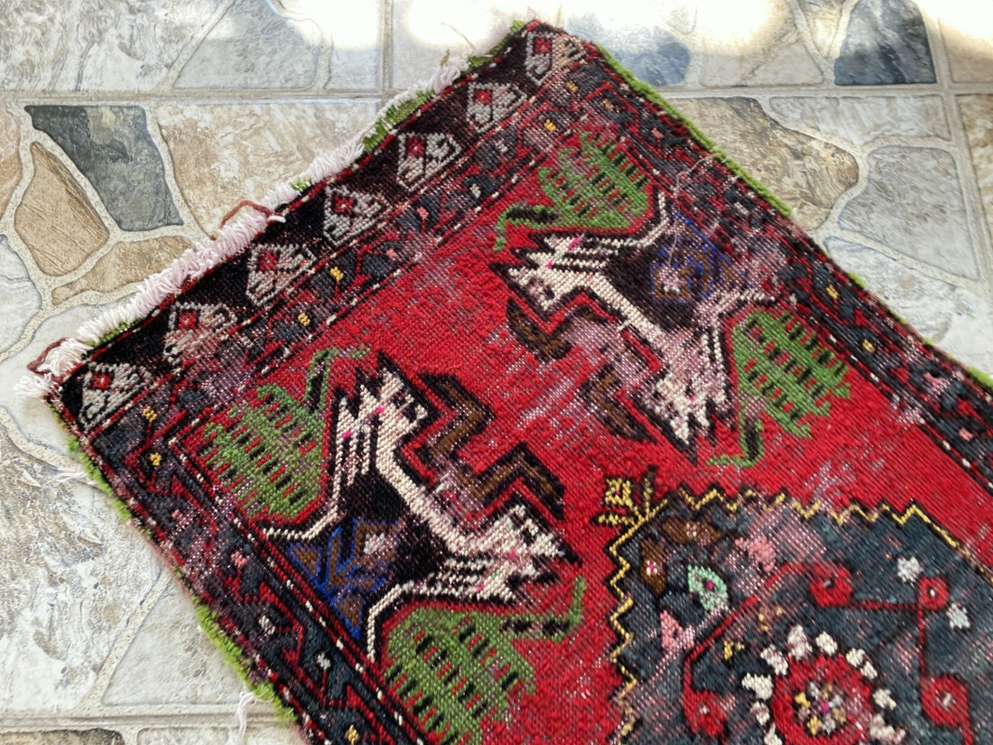 Vintage Turkish Small Rug | 1.6 x 3.3 ft Hand-Knotted Wool | Red Geometric Mat