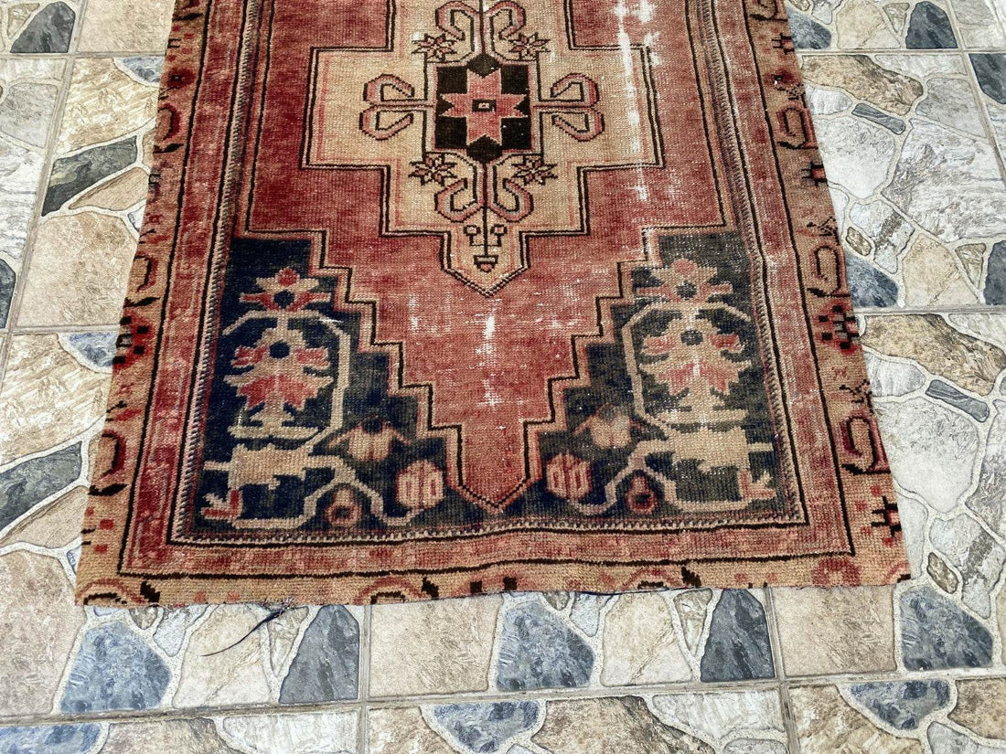 Vintage Anatolian Area Rug | 3.0x6.7 ft Hand-Knotted Wool Faded Rustic Geometric