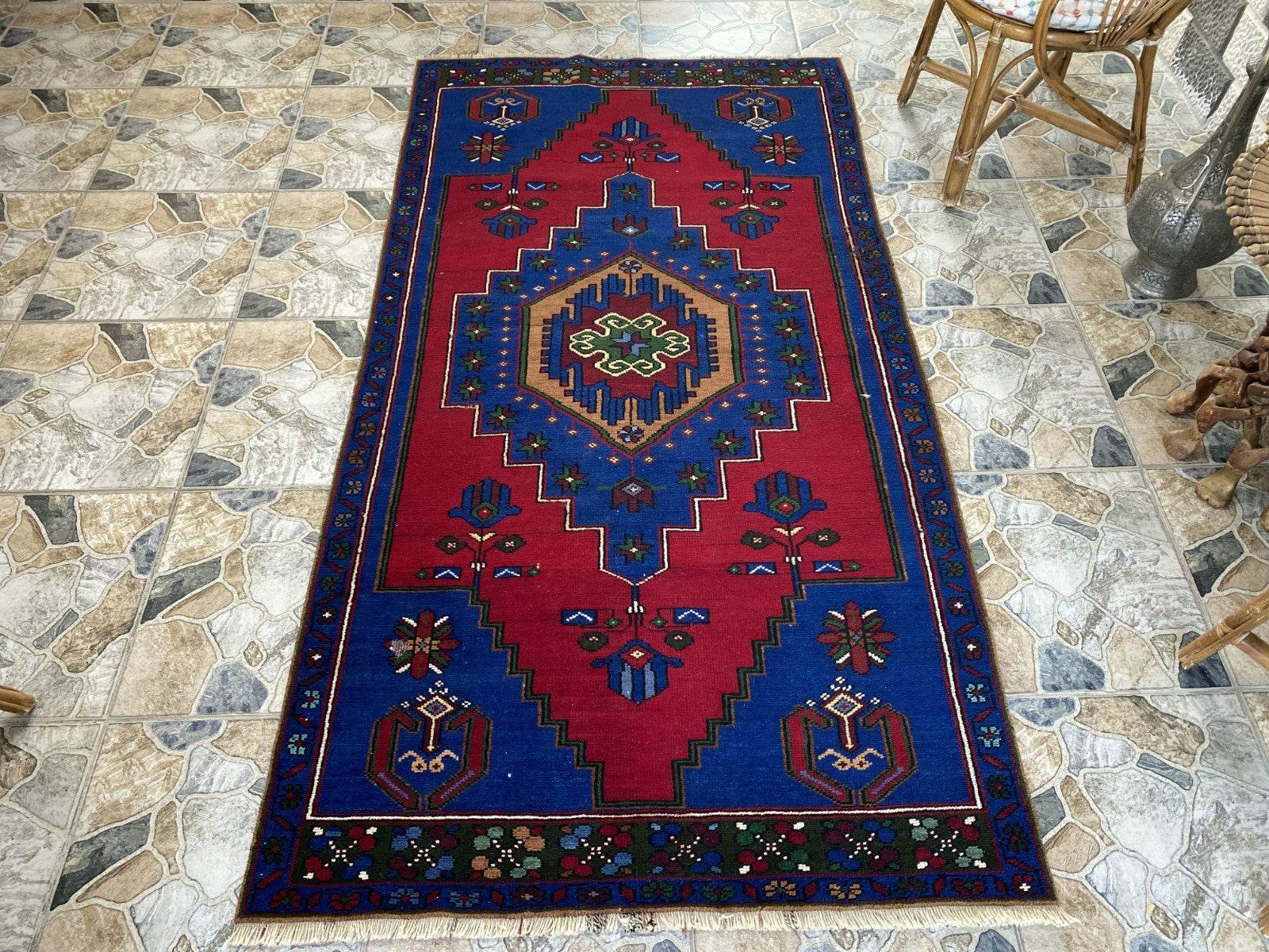Vintage Rug | Wool Area Antique Farmhouse Anatolian Handmade Turkish Rug 4x7ft