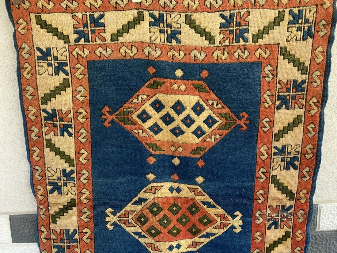 Vintage Turkish Kurdish Wool Rug | Hand-Knotted Tribal Blue Area Carpet 4x6ft