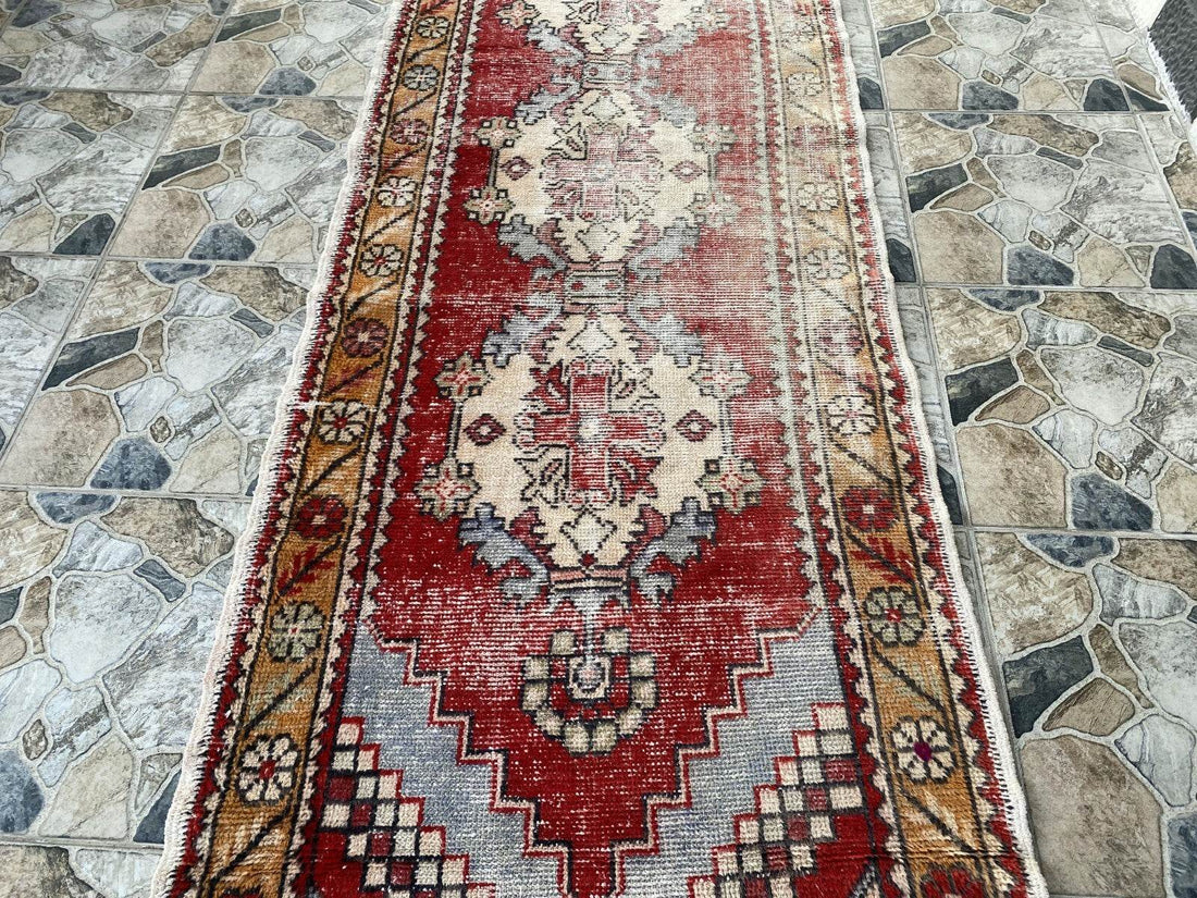 Vintage Turkish Oushak Rug, 3 x 9 ft Red Handmade Wool Antique Tribal Runner Rug