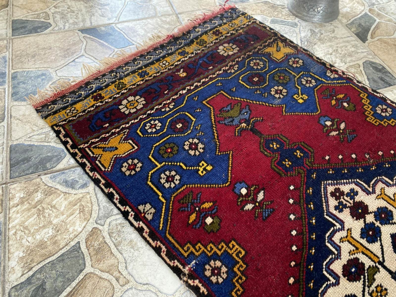 Vintage Rug | Wool Small Antique Farmhouse Anatolian Handmade Turkish Rug 2x4ft