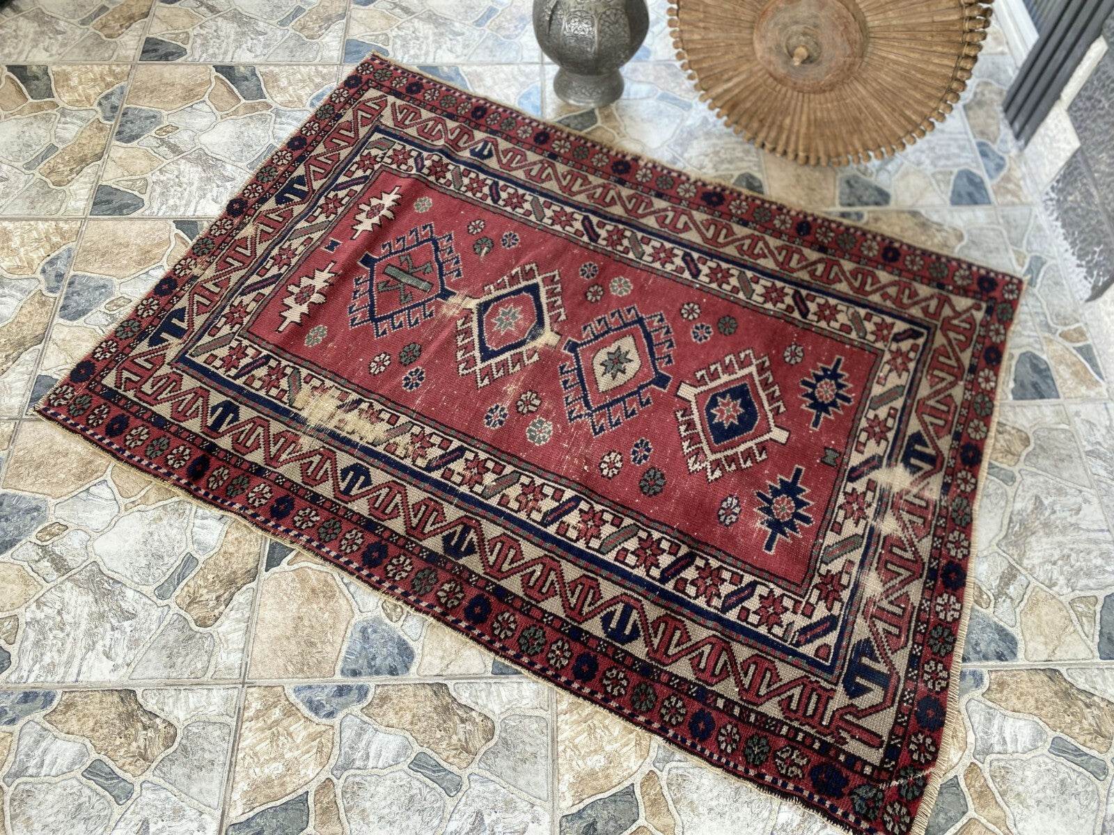 Vintage Caucasian Rug | 3.5x5 ft | Tribal Handmade Wool Rustic Farmhouse Carpet