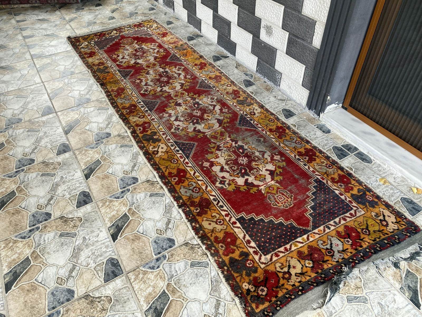 Vintage Turkish Wool Rug - Handmade Antique Red Oushak Kurdish Runner Rug 3x9 ft