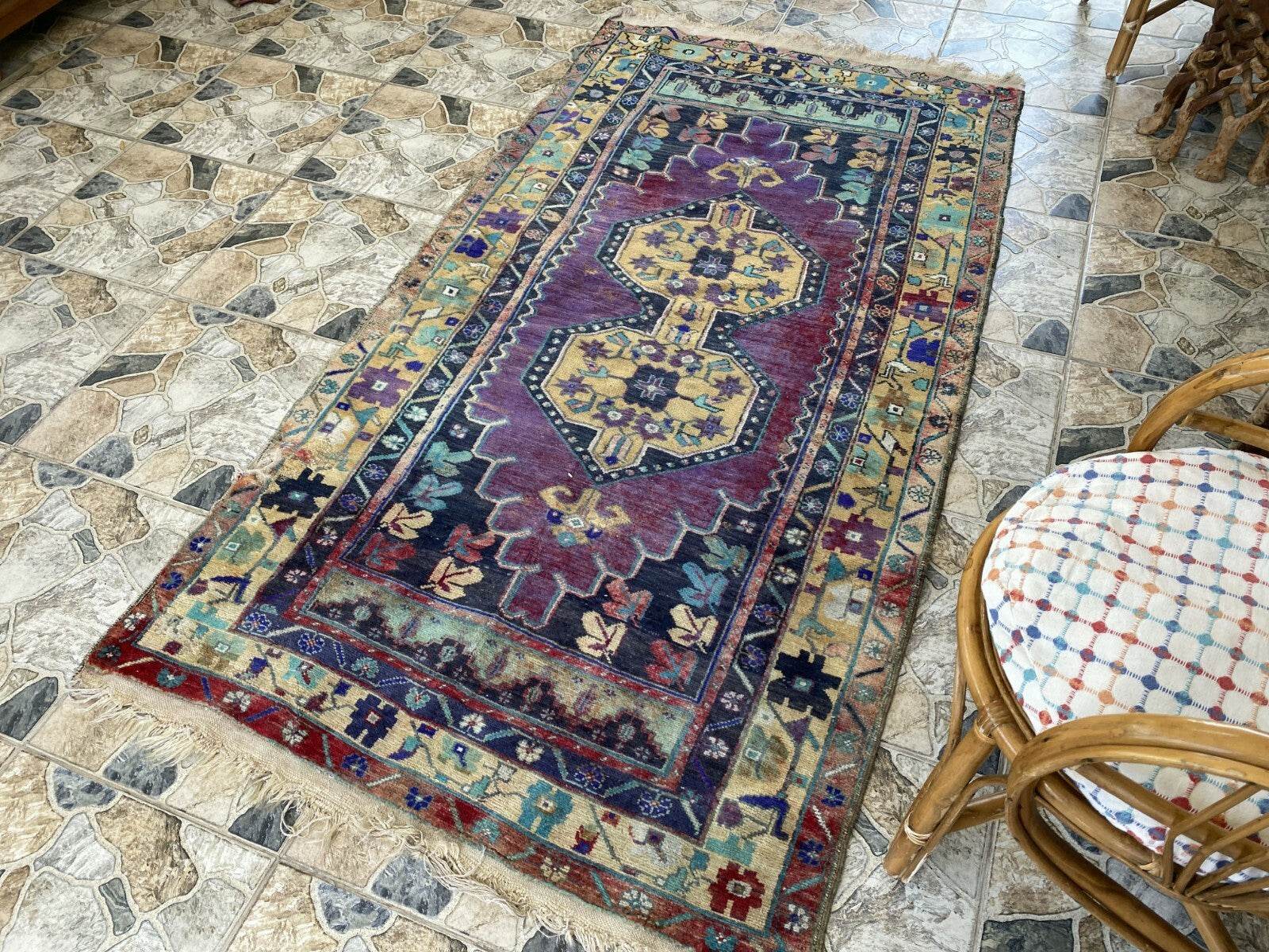 Vintage Turkish Anatolian Rug | 3.9 x 7.1 ft | Hand-Knotted Rug Wool Area Carpet