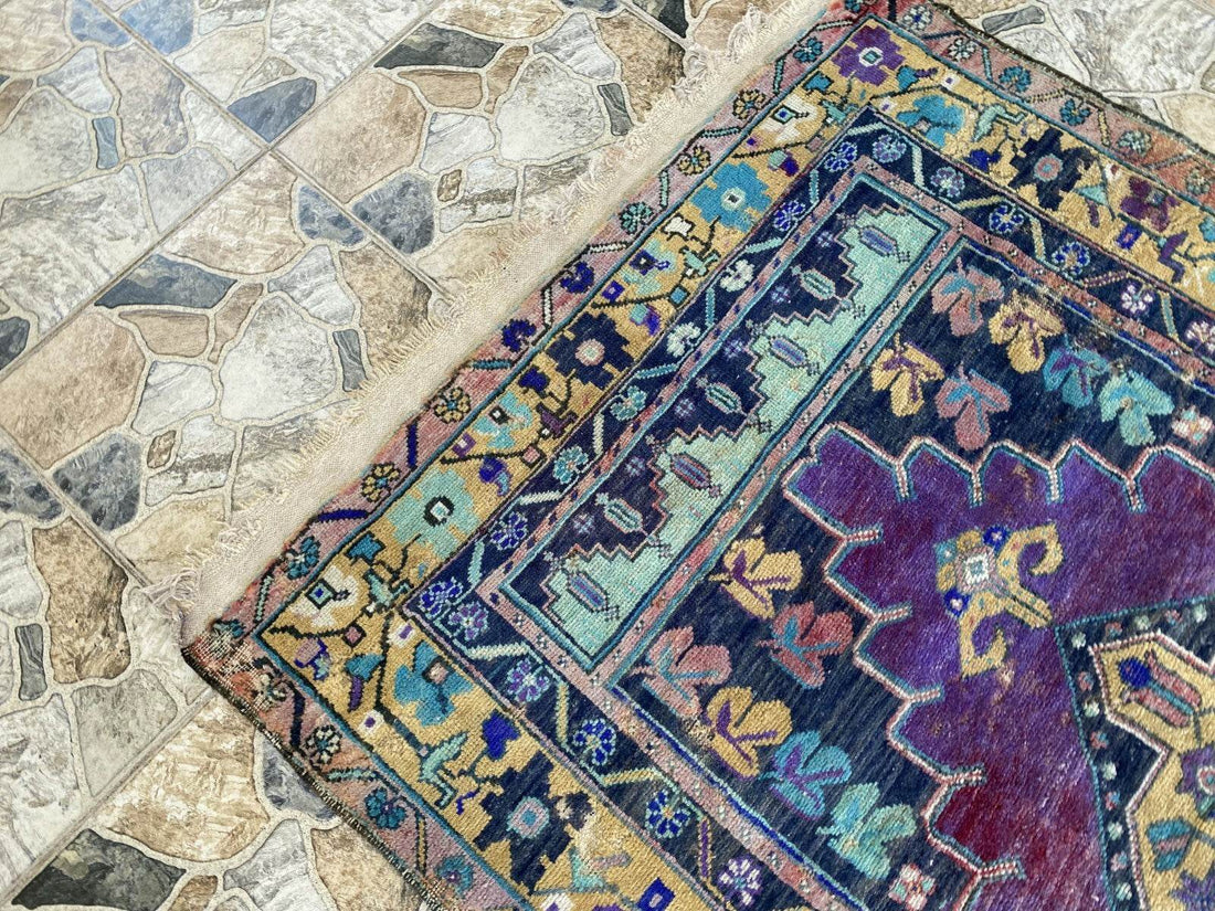 Vintage Turkish Anatolian Rug | 3.9 x 7.1 ft | Hand-Knotted Rug Wool Area Carpet