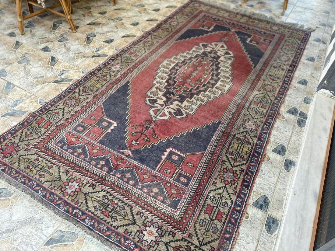 Vintage Turkish Oushak Rug, 5.0x9.7 ft Red Handmade Wool Antique Tribal Area Rug