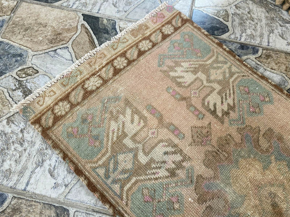 Distressed Vintage Turkish Rug Faded Pastel Wool Boho Accent Mat Runner 1x3 ft