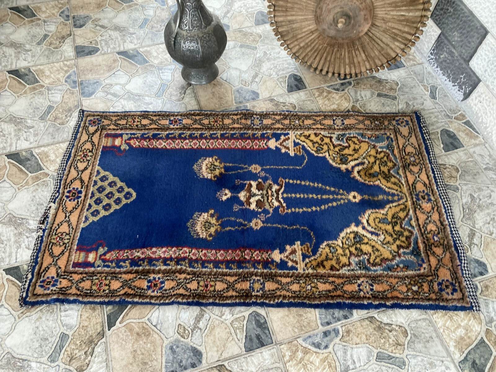 Blue Turkish Prayer Vintage Rug, 1990s Handmade Wool Geometric Farmhouse Small