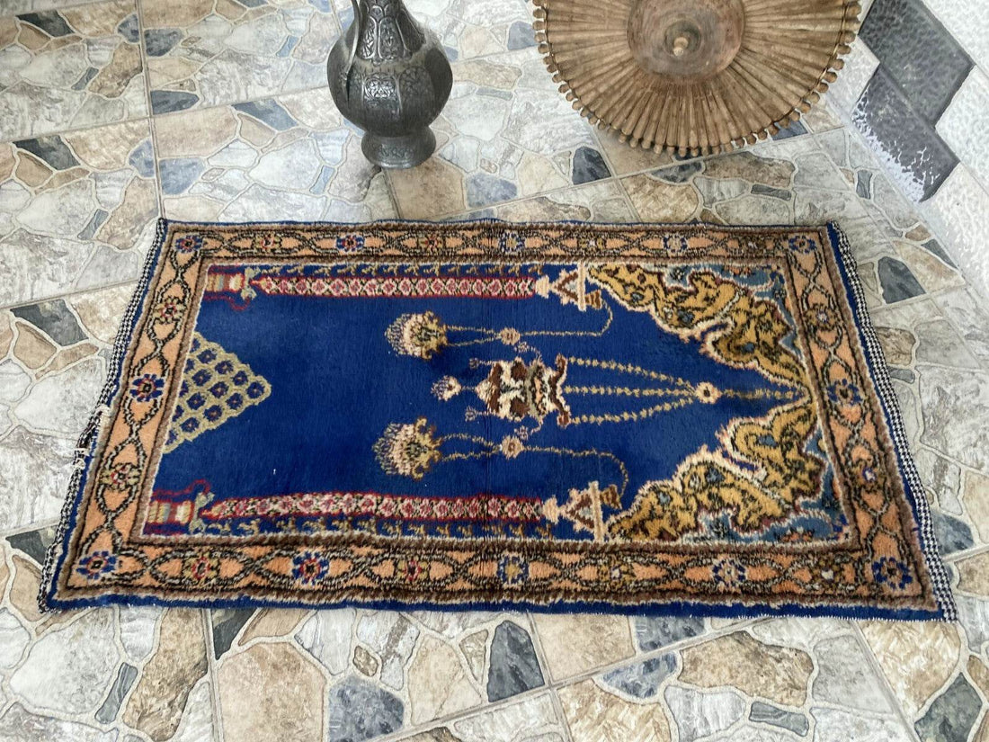 Blue Turkish Prayer Vintage Rug, 1990s Handmade Wool Geometric Farmhouse Small
