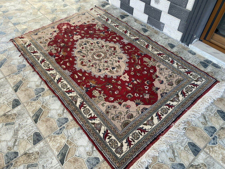 Vintage Turkish Wool Rug, Antique Red Hand-Knotted Oushak Anatolian 1970s 4x6
