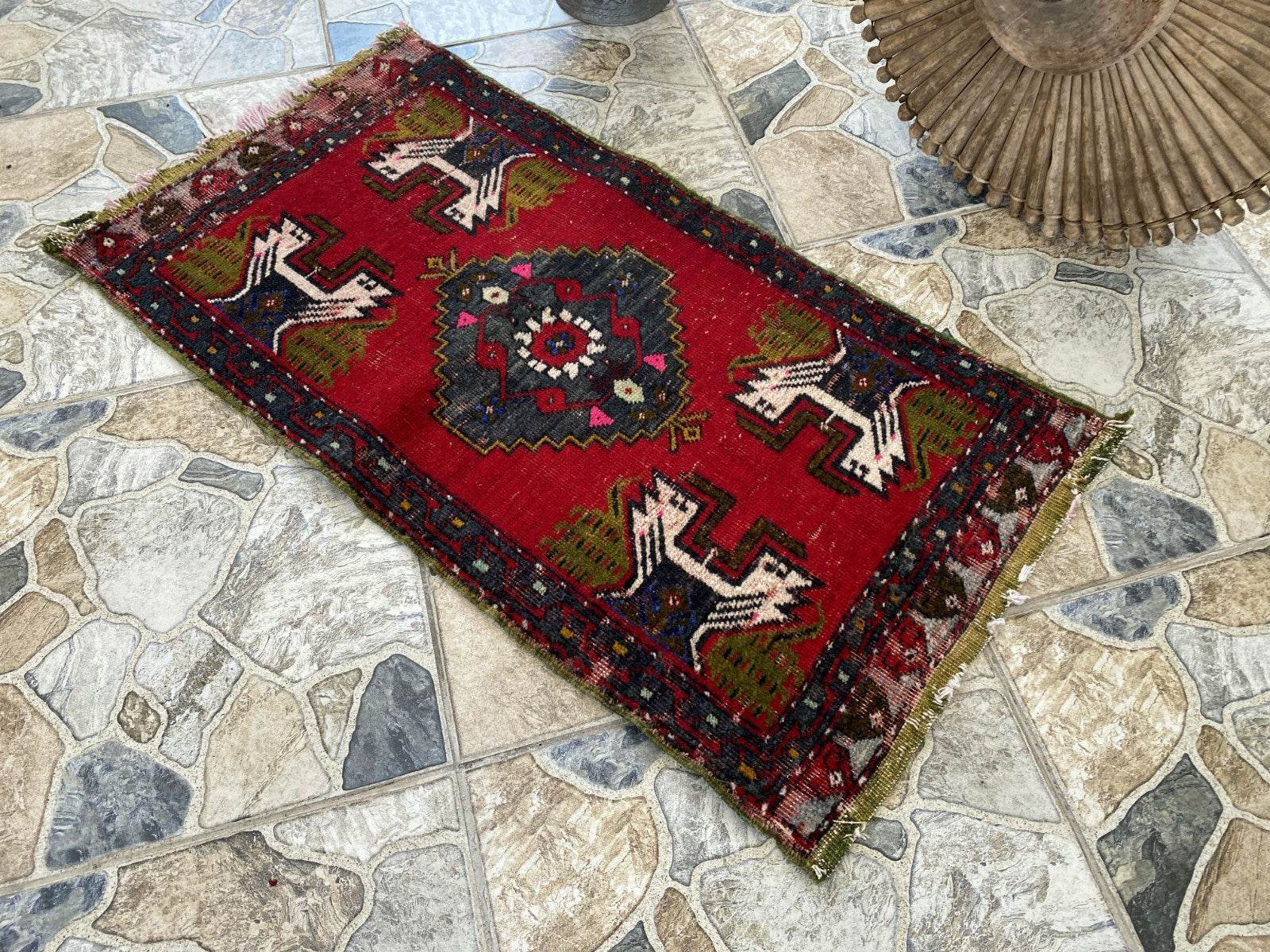 Vintage Turkish Wool Rug, Hand-Knotted Antique Geometric Oushak Small Runner 1x3