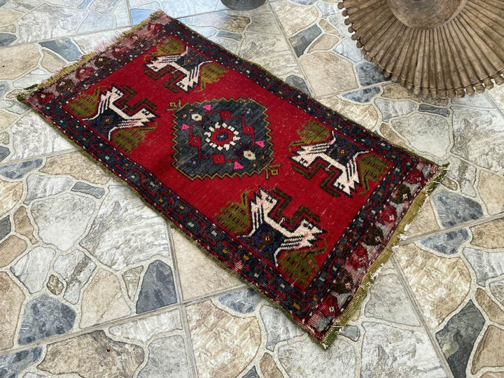 Vintage Turkish Wool Rug, Hand-Knotted Antique Geometric Oushak Small Runner 1x3
