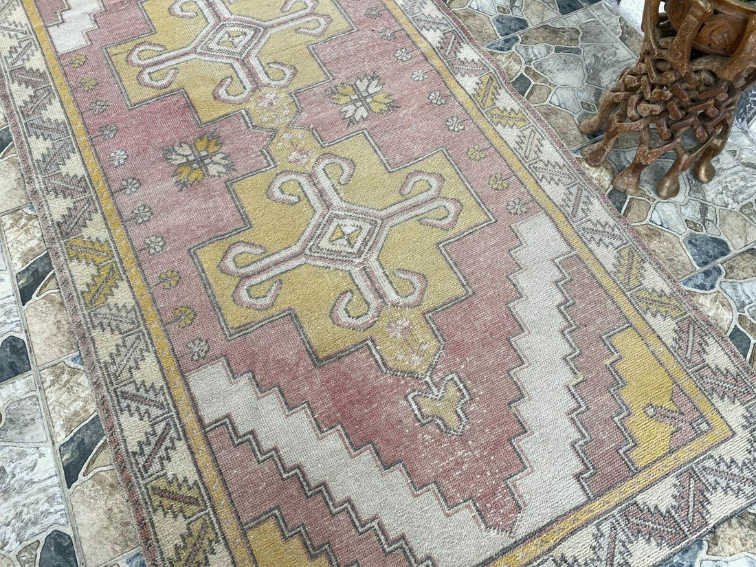 Vintage Turkish Oushak Rug, 4 x 8 ft Handmade Pink Wool Antique Tribal Area Rug