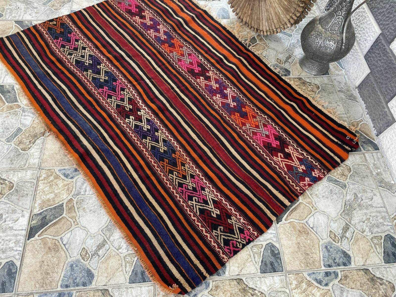Vintage Turkish Wool Rug, Hand-Knotted Antique Geometric Oushak Area Kilim 3x5