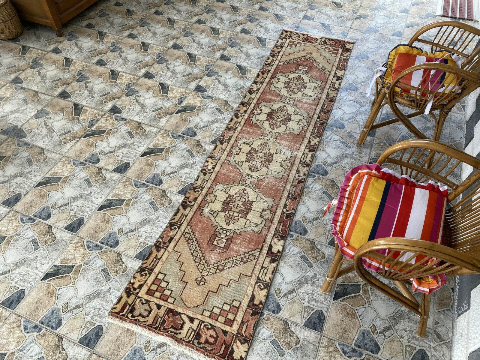 Vintage Rug | Wool Runner Antique Farmhouse Anatolian Handmade Turkish Rug 2x9ft