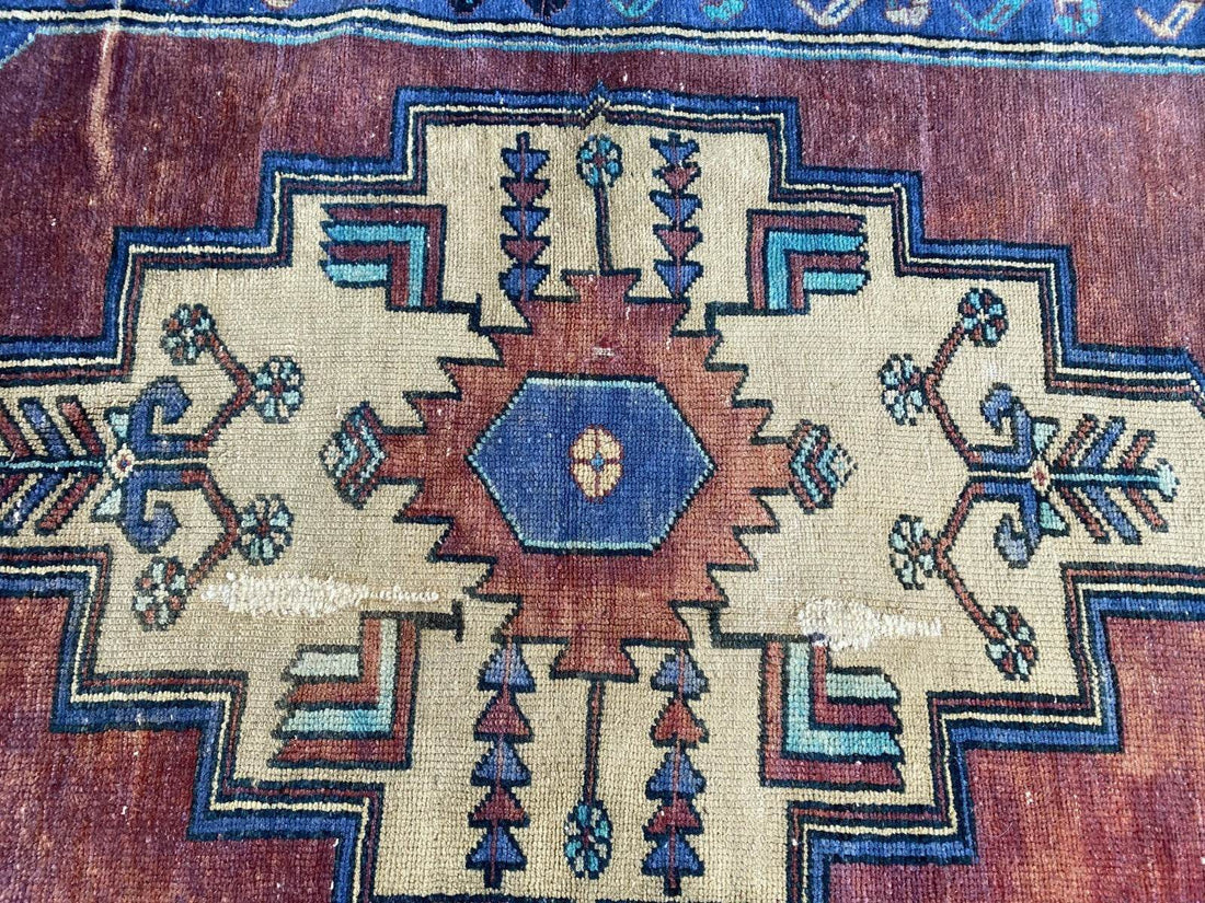 Pre 1950's Vintage Turkish Rug | Antique Tribal Handmade Wool Carpet 3.9x7.1 ft