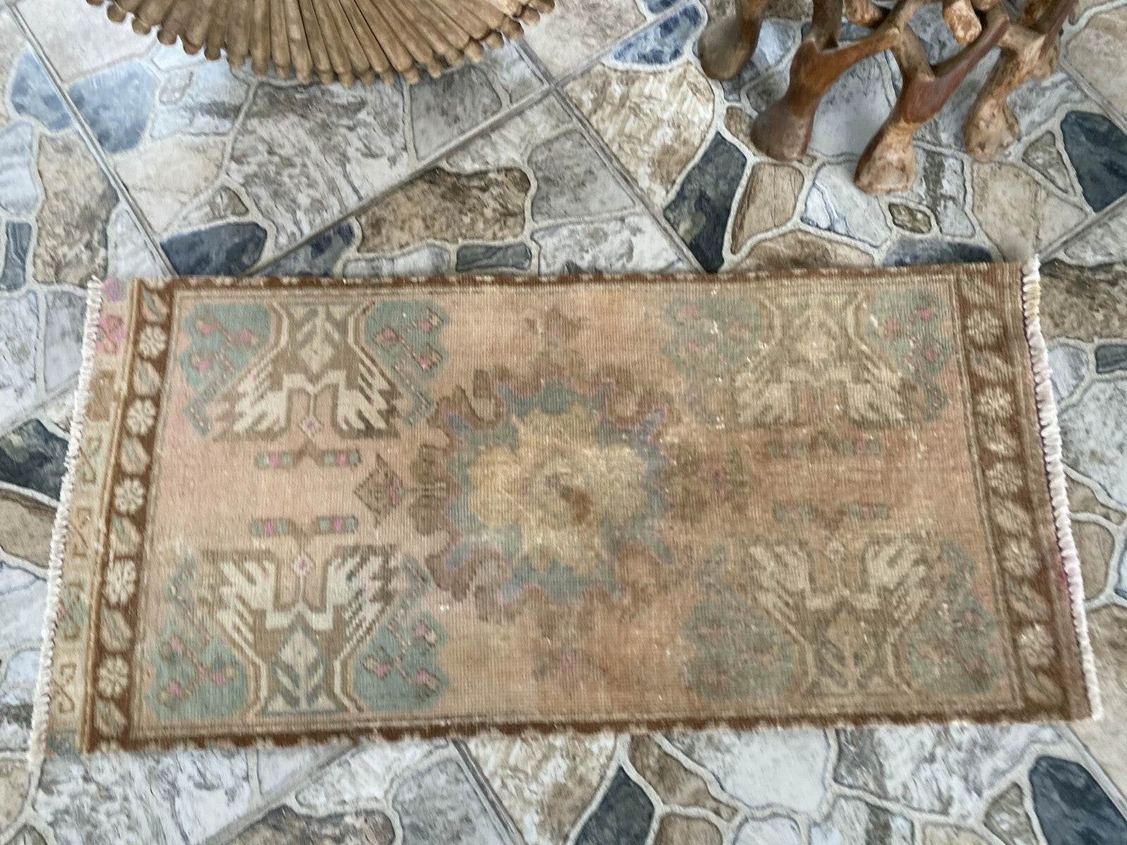 Distressed Vintage Turkish Rug Faded Pastel Wool Boho Accent Mat Runner 1x3 ft