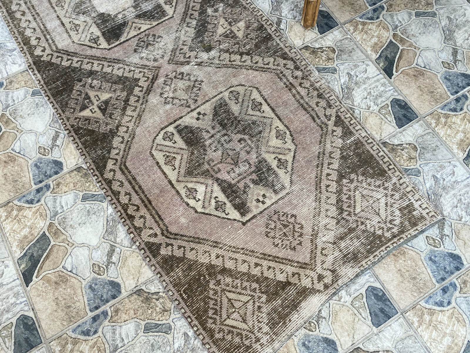 Vintage Handmade Turkish Runner Rug, 2.6x8.5 ft Brown Tribal Wool Hallway Carpet