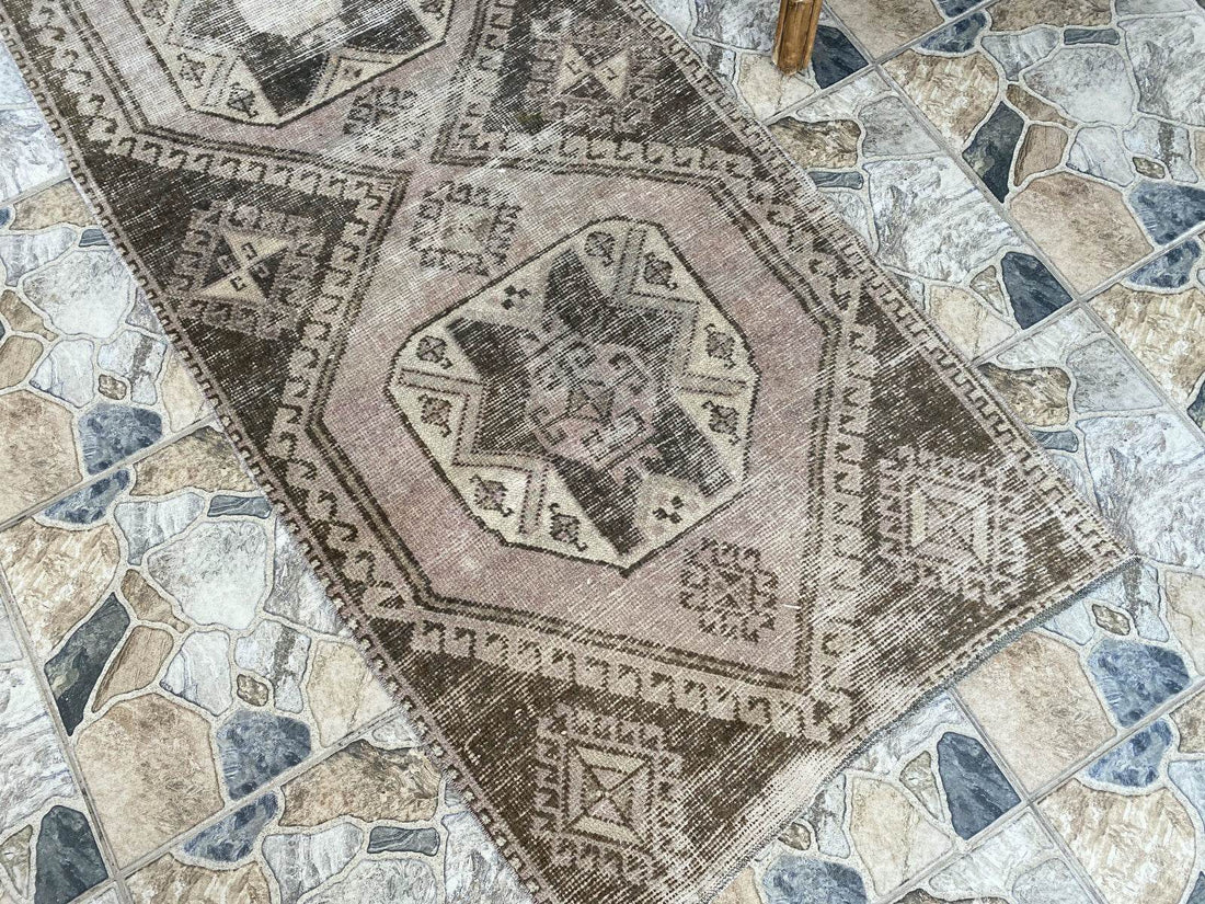 Vintage Handmade Turkish Runner Rug, 2.6x8.5 ft Brown Tribal Wool Hallway Carpet