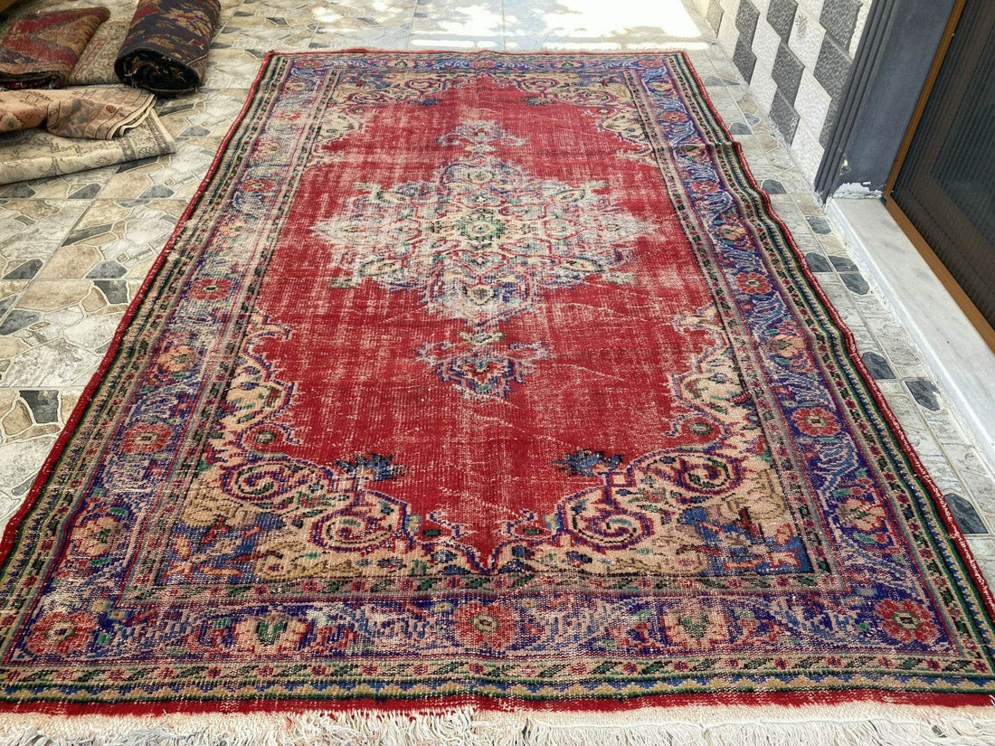Vintage Anatolian Area Rug | 6.1 x 9.8 ft Hand-Knotted Wool Faded Rustic Carpet