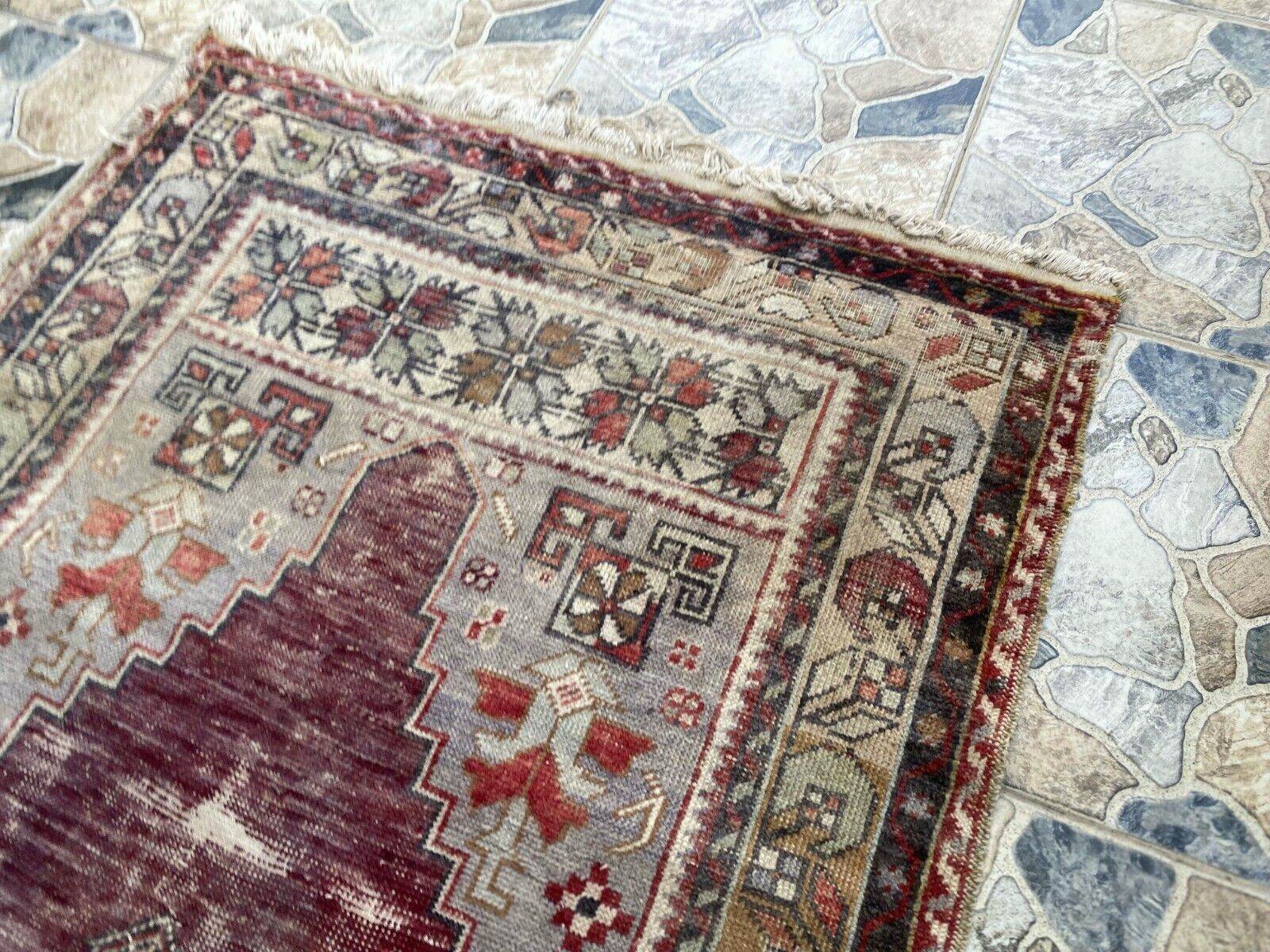 Turkish Vintage Rug Oushak Wool Geometric Handmade Antique Farmhouse 3.8x8 ft