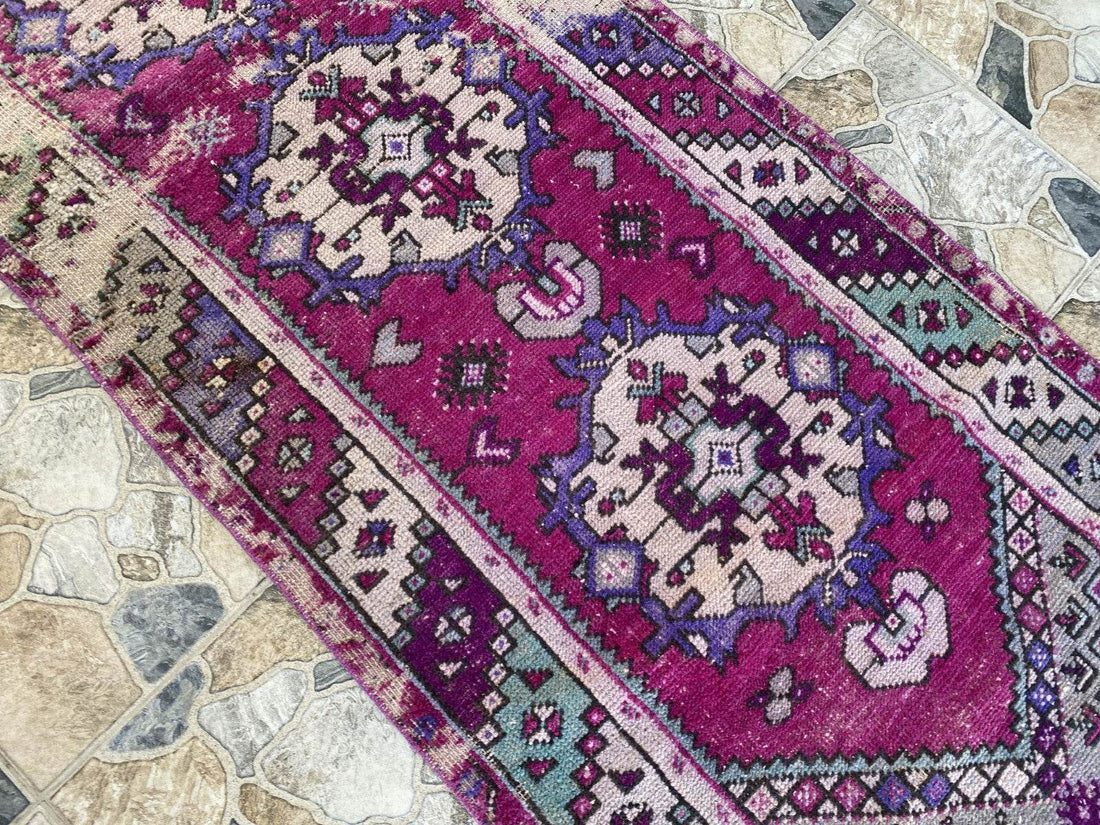 Geometric Turkish Vintage Rug,Farmhouse Handmade Anatolian Runner Rug 2.9x9.4 ft