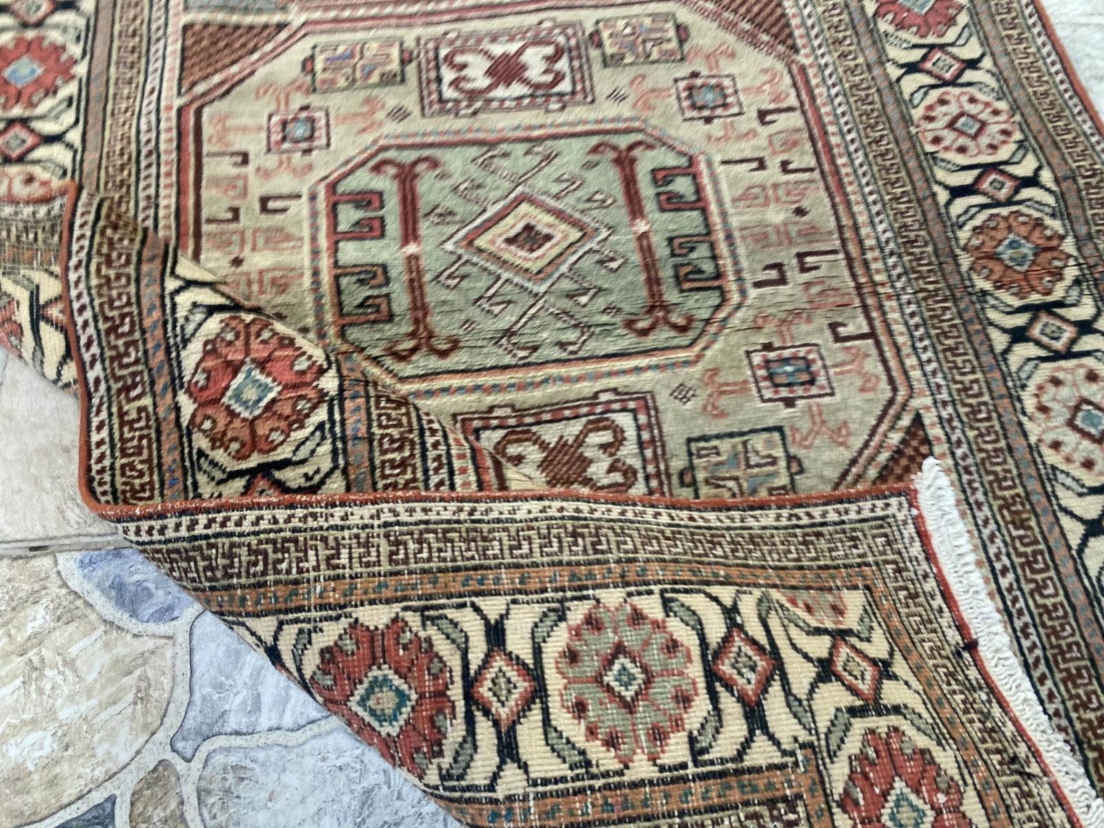 Vintage Turkish Wool Rug Hand-Knotted Antique Geometric Kayseri Tribal Area 3x6