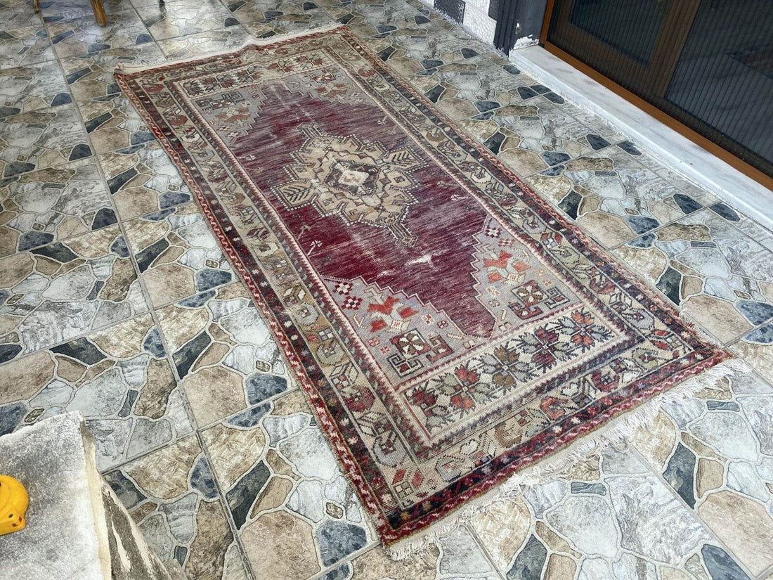 Turkish Vintage Rug Oushak Wool Geometric Handmade Antique Farmhouse 3.8x8 ft