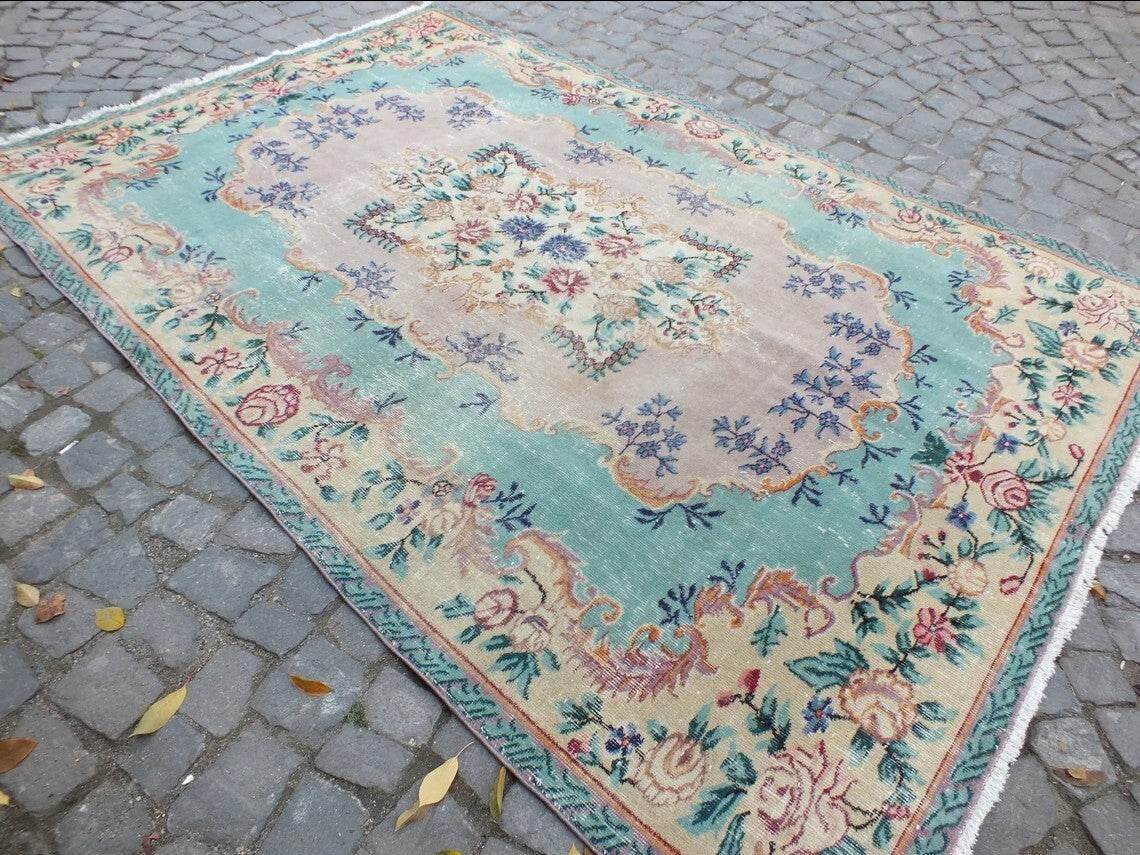 Large Turkish Vintage Oushak Rug, Farmhouse Handmade Wool Geometric 6.4x9.6 Ft