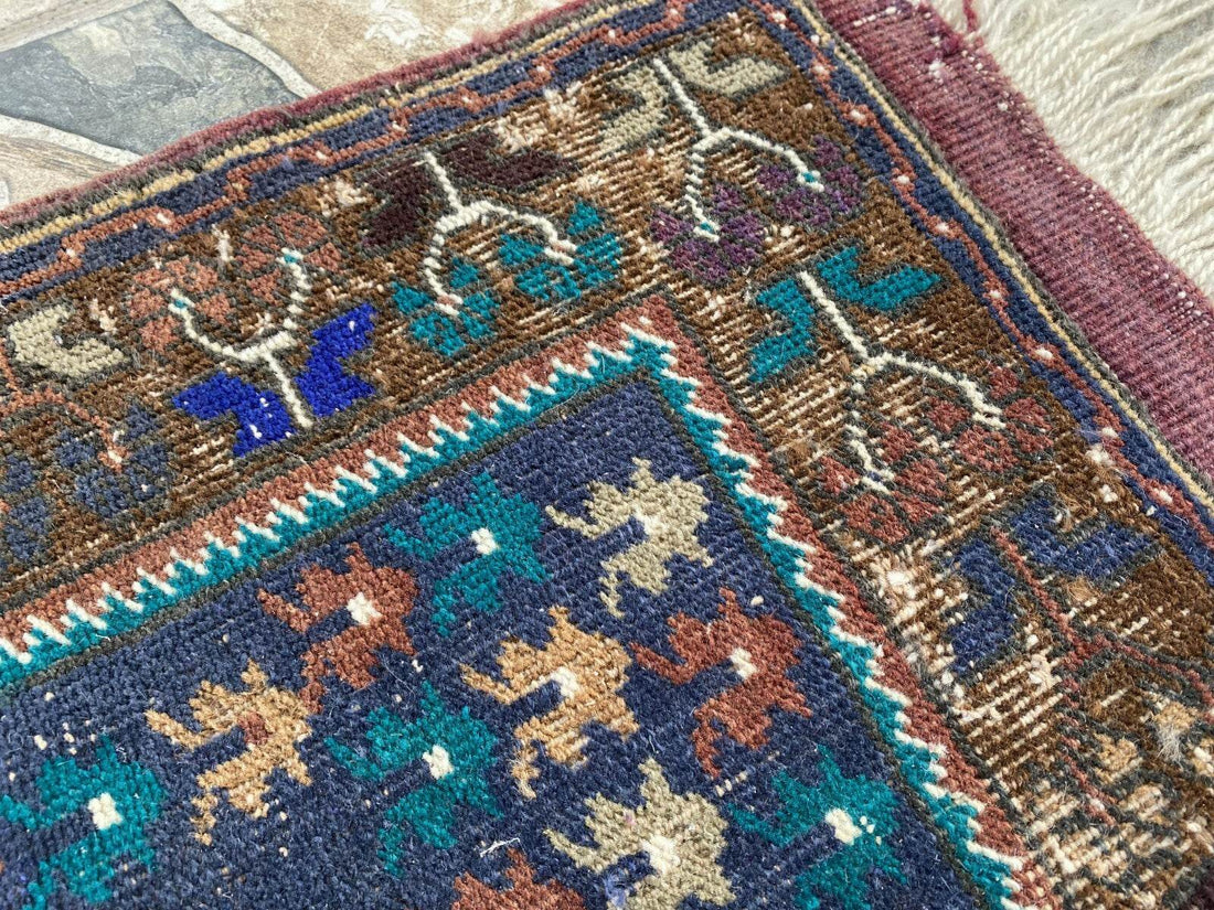 Vintage Turkish Handmade Wool Prayer Rug | Geometric Anatolian Oushak Carpet 2x4