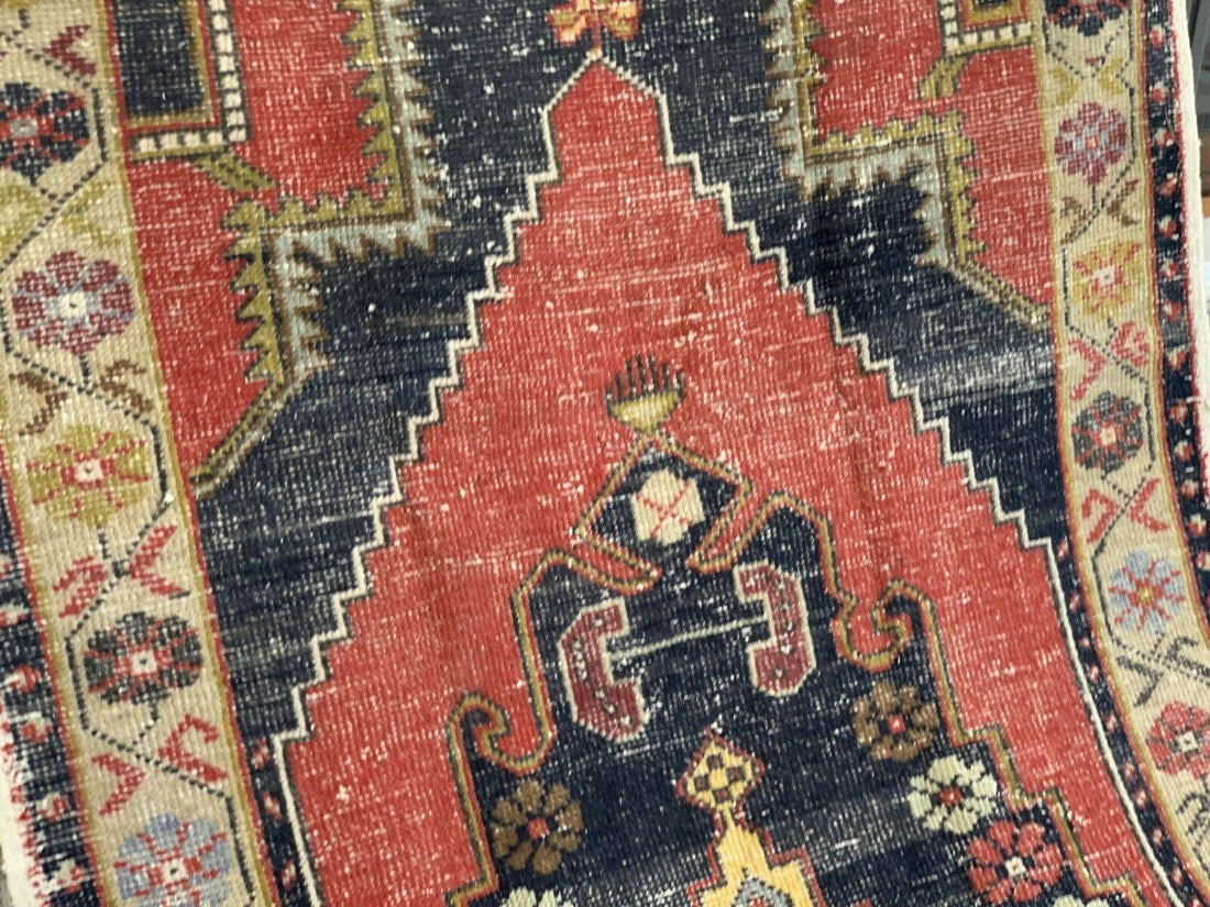 Vintage Oushak Geometric Rug, Handmade Turkish Anatolian Wool Carpet 4.2x8.6