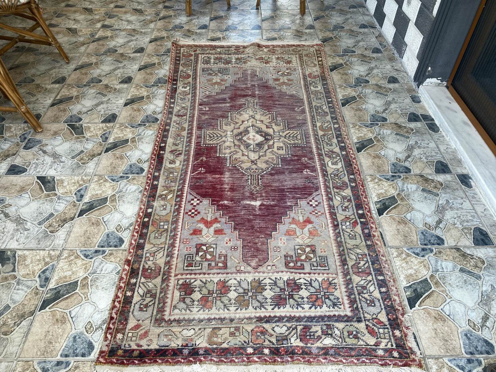 Turkish Vintage Rug Oushak Wool Geometric Handmade Antique Farmhouse 3.8x8 ft
