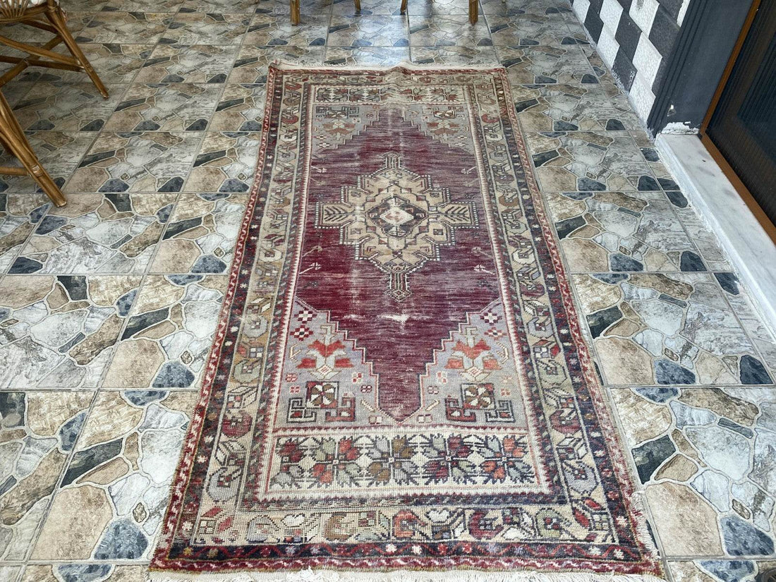 Turkish Vintage Rug Oushak Wool Geometric Handmade Antique Farmhouse 3.8x8 ft