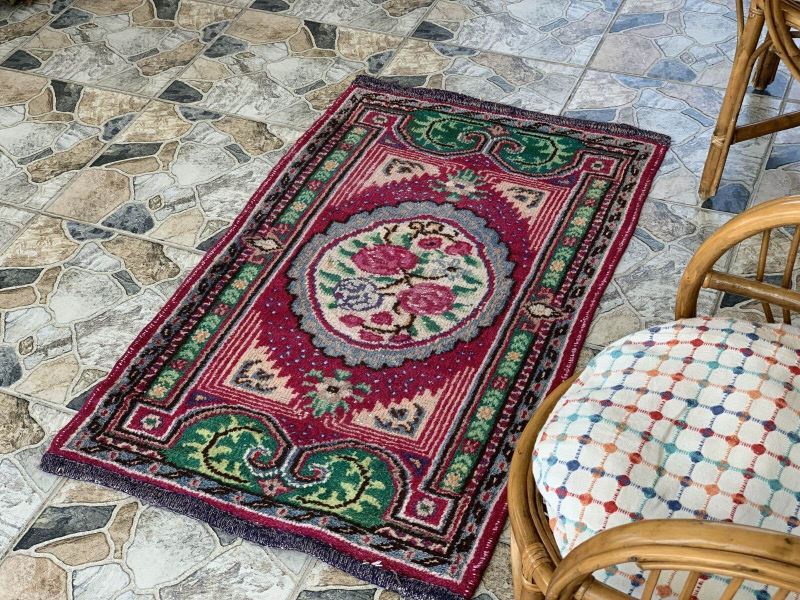 Small Turkish Vintage Oushak Rug Handmade Farmhouse Geometric Wool Rug 2.5x4.1ft