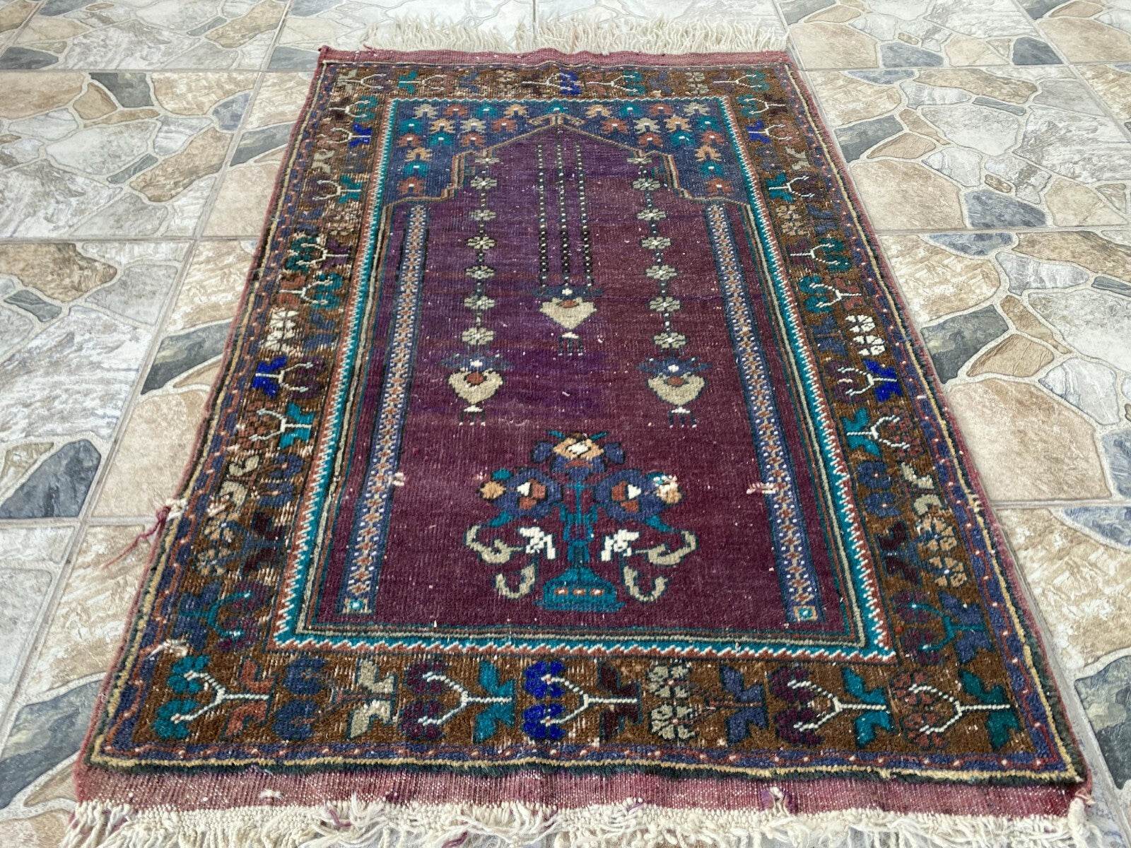 Vintage Turkish Handmade Wool Prayer Rug | Geometric Anatolian Oushak Carpet 2x4
