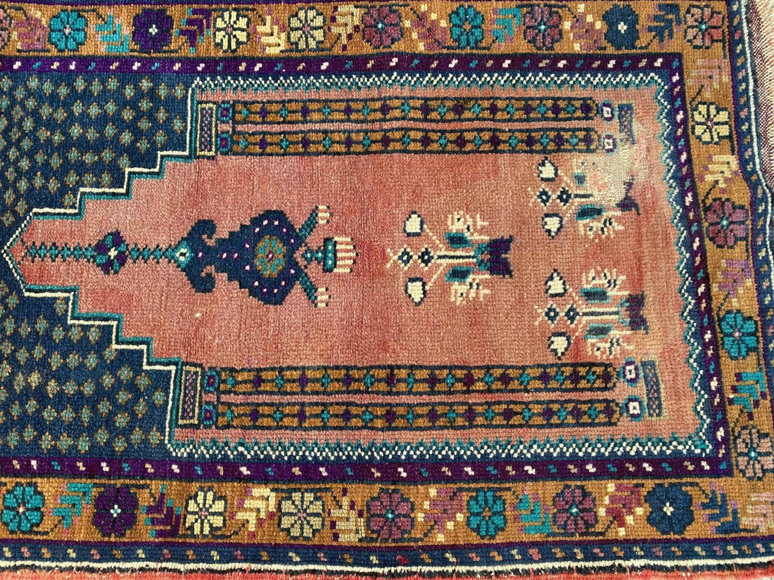Vintage Turkish Oushak Rug, 2 x 3 ft Pink Handmade Wool Antique Tribal Small Rug