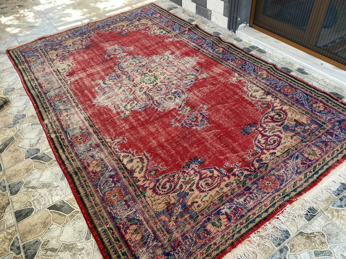 Vintage Anatolian Area Rug | 6.1 x 9.8 ft Hand-Knotted Wool Faded Rustic Carpet