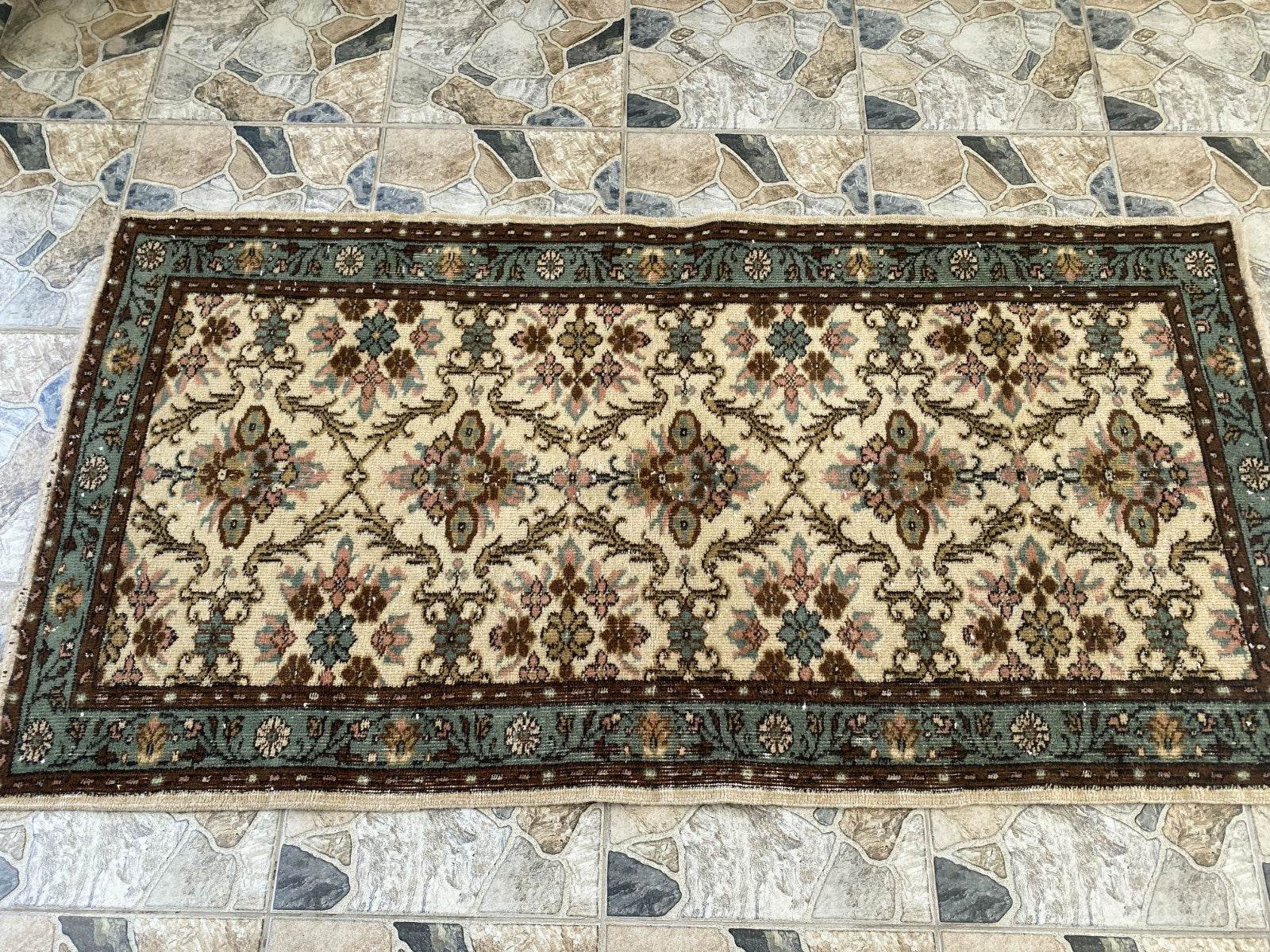 Vintage Anatolian Area Rug, 3.3x6.3 ft Hand-Knotted Wool Faded Rustic Geometric