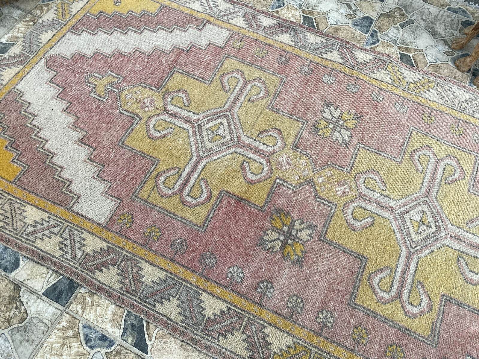 Vintage Turkish Oushak Rug, 4 x 8 ft Handmade Pink Wool Antique Tribal Area Rug