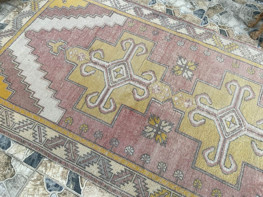 Vintage Turkish Oushak Rug, 4 x 8 ft Handmade Pink Wool Antique Tribal Area Rug