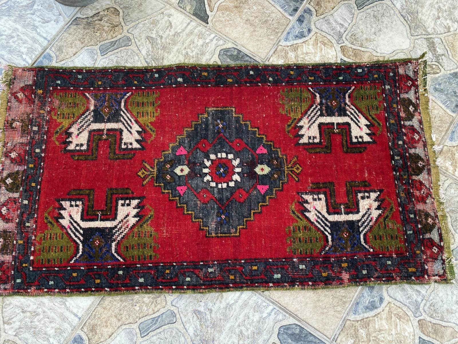 Vintage Turkish Wool Rug, Hand-Knotted Antique Geometric Oushak Small Runner 1x3