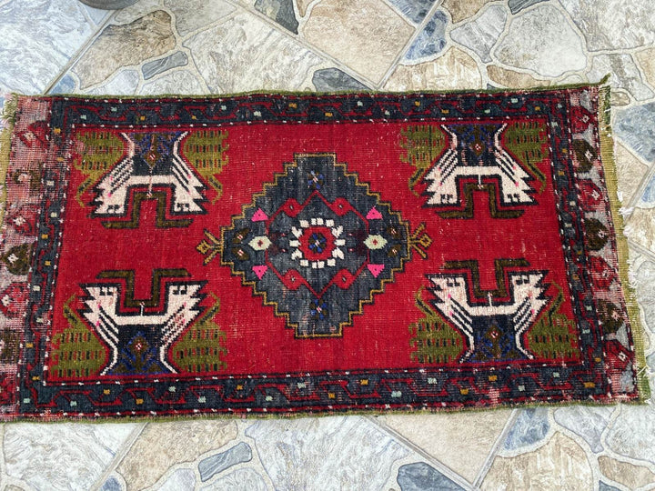 Vintage Turkish Wool Rug, Hand-Knotted Antique Geometric Oushak Small Runner 1x3
